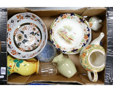 A mixed collection of items to include: Ashwood Imari Decorated Fruitbowl, similar Churchill Teapot, Burleigh Embossed jug et