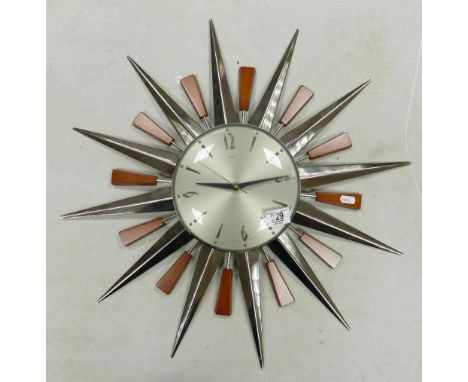 Metamec Mid Century Sunburst Clock: widest 62cm 