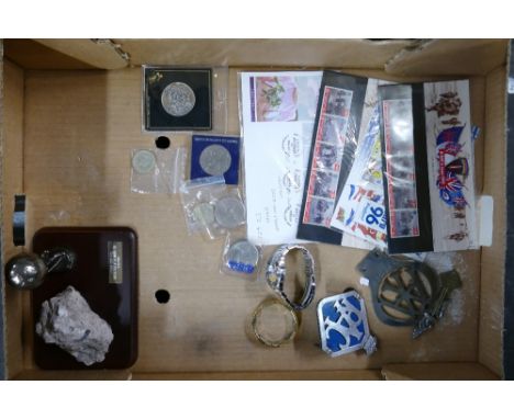 A mixed Collection ofitems to include: AA &amp; RAC badges, First Day Cover Stamps, Commemorative Coins, Presentation Stoke C