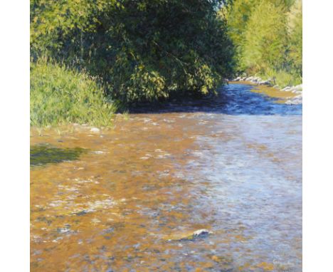 Gary Bowling (American, b. 1948). Oil on canvas landscape painting of a gentle stream in the midday sun. Signed along the low