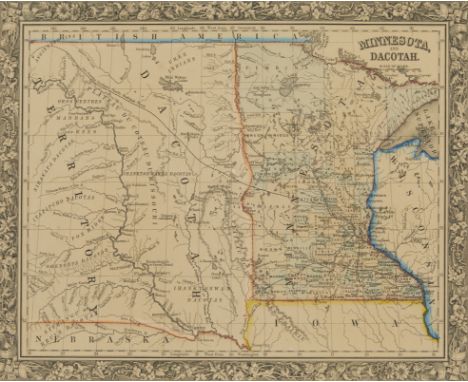 Hand-colored map depicting Minnesota and the un-unified Dakota territories. Parts of Wisconsin and Iowa are seen in the margi