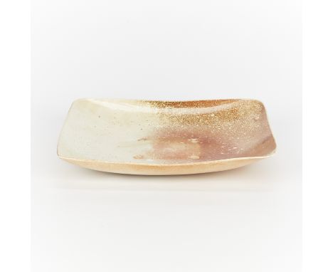Maren Kloppmann (German, b. 1962). Square studio ceramic porcelain platter. Woodfired flashing slip with wad marks. Stamped a