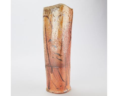 Randy Johnston (American, 20th/21st c). Studio ceramic pottery tall vase. Stoneware woodfired with a shino glaze decorated wi