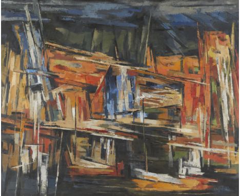Elof Wedin (Swedish/American, 1901-1983). Oil on canvas painting depicting colorful slashes of yellow and red against a dark 