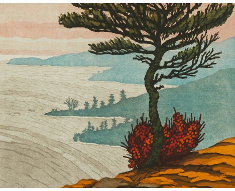 Jim Meyer (American, b. 1941). Woodblock on paper print titled "The Lone Pine" depicting a singular pine tree overlooking Lak