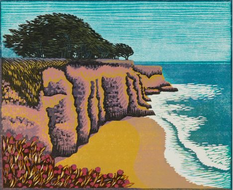 Jim Meyer (American, b. 1941). Woodblock print on paper titled "Southward" depicting a shore along Lake Superior, 1997. Penci