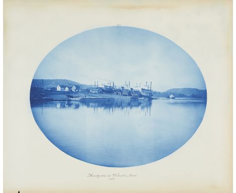 Henry Bosse (German/American, 1844-1903). Cyanotype photograph titled "Boatyard at Wabasha, Minn." depicting a riverfront lan