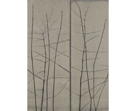 Eugene Larkin (American, 1921-2010). Lithograph on paper titled "Trees" depicting stark, leafless stems against a grey backgr