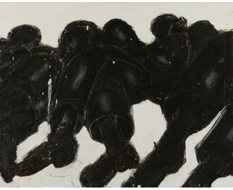 Lester Johnson (American, 1919-2010). Oil on canvas painting depicting silhouettes of figures in stark black and white, 1969.