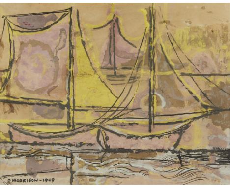 George Morrison (Ojibwe, 1919-2000). Gouache on paper painting depicting two sailboats on the water, 1949. Signed and dated a