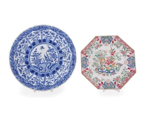 A Chinese blue and white dish, Kangxi, the central circular medallion painted with three birds amongst foliage surrounded by 