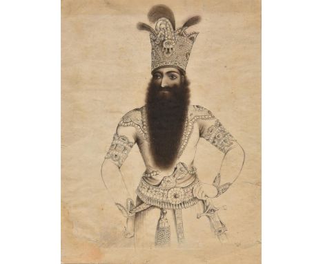 Portrait of Fath Ali Shah Qajar, Iran, circa 1821-35, after an 1819 sketch by Robert Ker Porter, ink drawing on paper, frayed