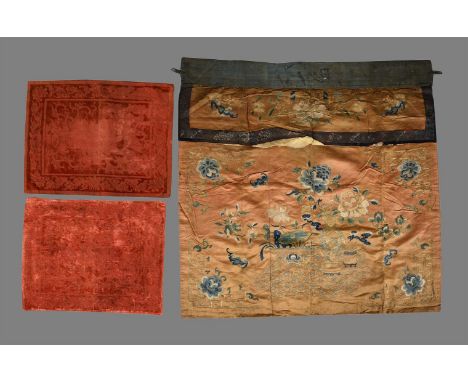 A Chinese yellow silk altar or table frontal, Qing Dynasty, embroidered in shades of blue depicting a tray of scholarly objec