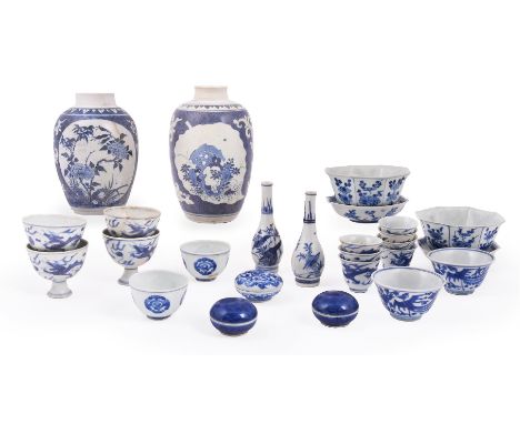 A group of Chinese 'Hatcher Cargo' blue and white porcelain, Transitional, mid 17th century, comprising: four small stem cups