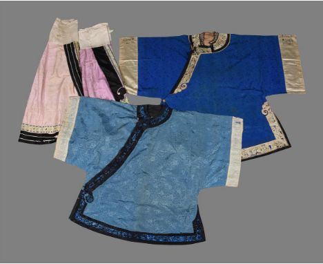 Two Chinese lady's jackets, late Qing 1880-1890, both blue and with embroidered sleeve bands. the light blue example collar t