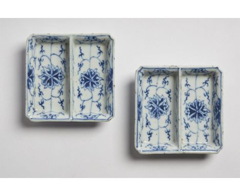 A pair of Chinese blue and white pickle trays, Guangxu mark and period, 1875-1908, painted with lotus flowers and foliage, th