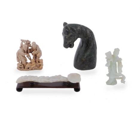 A pale green or white jade model of a ruyi sceptre, mid 20th century, 26.5cm long, wood stand; a jade model of the head of a 