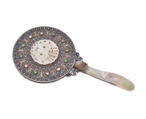 A Chinese silver filigree and enamel 'Shou' Mirror, Qing Dynasty, 19th century, the pale celadon jade belt buckle with black 