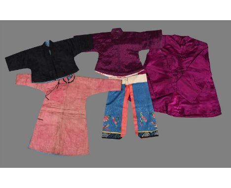 A group of four children's robes and jackets and a pair of blue damask embroidered pantaloons, Qing Dynasty, late 19th centur
