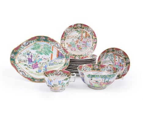 A Chinese Export Famille Rose part dessert service, Qing Dynasty, 19th century, comprising: eleven plates, 19.5cm diameter, a
