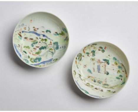 Two Chinese famille rose saucers, early 19th century, Qing Dynasty, both decorated with a retreat complex, inscribed with poe