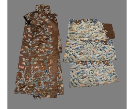 A group of Chestnut silk Chinese fragments from an 18th century dragon robe, the wispy clouds and unusual blue scale dragons 