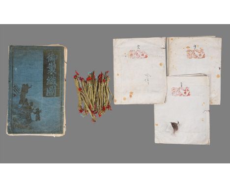 A group of Chinese silk skein threads for embroidery, Qing dynasty, the silk threads in paper folders with Chinese calligraph