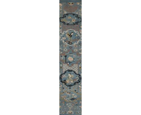 A Chinese embroidered panel, Qing Dynasty, framed as a scroll, nicely stitched with cartouches enclosing garden scene and ant