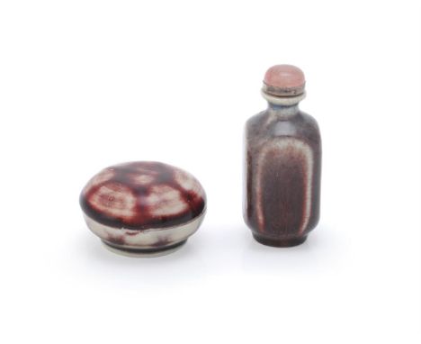 A Chinese flambé seal paste box and cover, Qing Dynasty or Republic, of dark red tone streaked with purple and lavender, thin