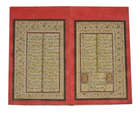 Six calligraphic pages mounted as a concertina album, Persia, 19th century, six leaves set within a green, yellow or red bord
