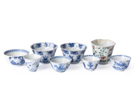 Five Chinese blue and white tea bowls, comprising: a 'Master of the Rocks' style tea bowl, Kangxi, 6.3cm diameter; another wi