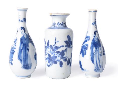 Two similar Chinese small blue and white 'Long Eliza' vases, Kangxi, each of slender baluster shape, painted with 'Long Eliza