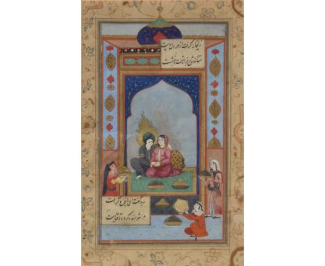 A Qajar court scene, Iran, 19th century, ink and opaque pigments on paper, with four lines of black nasta'liq within two cart