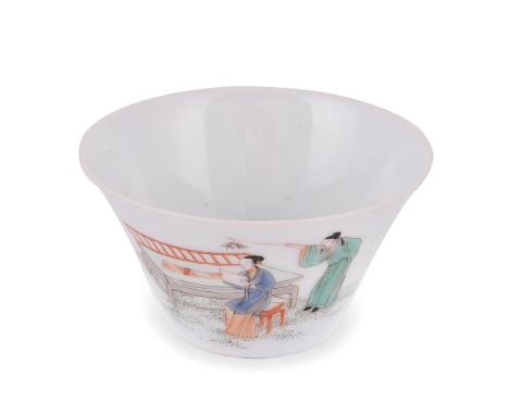 A small Chinese enamelled bowl, painted to the exterior with a mandarin official holding a crab in one hand and a seated lady
