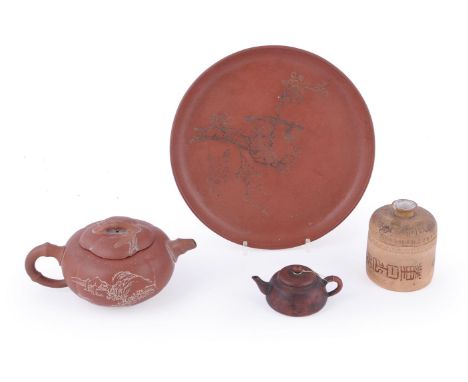 A group of four Yixing wares, Republic period, comprising a cover jar and cup by Wu Hanwen (1874-1941), 9.5cm high; a melon-s