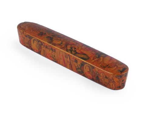 A polychrome lacquer papier-mâché pen case (qalamdan), Qajar, Iran, circa 1850, with rounded ends and sliding tray, the top p