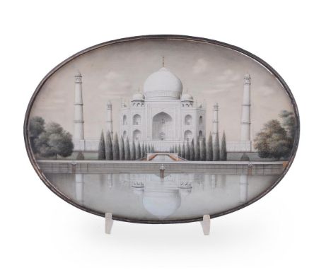 Y An Indian monochrome view of the Taj Mahal, Delhi, c.1850-70, on ivory panel, predominately painted in white and black with