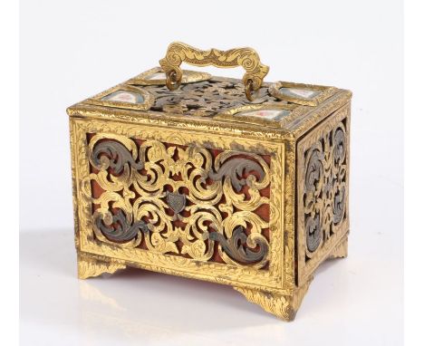 French 19th Century gilt metal casket/cabinet, the blind fret panels with a swing handle to the top and four foliate porcelai