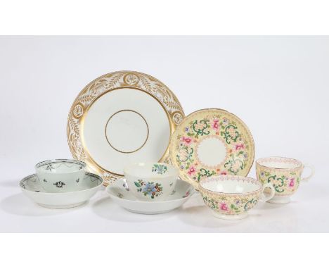 Two 18th Century English tea bowls and saucers, a Spode dish circa 1800 pattern number 471 and a Machin trio circa 1830