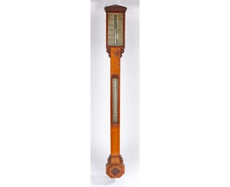 19th Century oak stick barometer, signed Adie &amp; Son, Edinburgh, with swan-neck pediment above a silvered dial, with scale