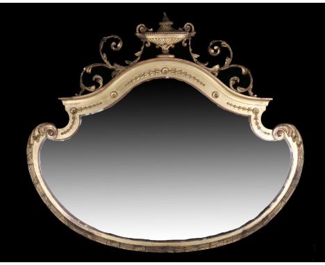 Victorian gilt wall mirror, the urn and scroll pediment above the shaped mirror plate, 105cm wide, 92cm high