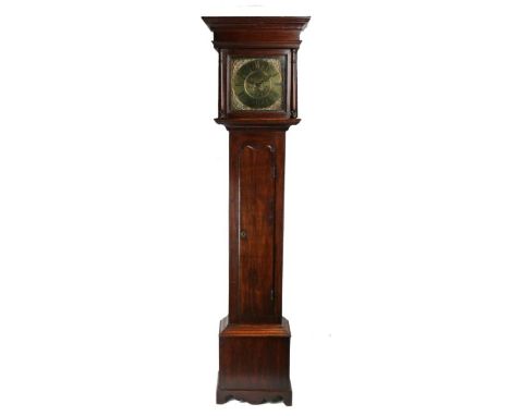 George III oak eight day longcase clock by Wm. Winn of Hinstock, the hood with swept pediment above turned pilasters, the bra