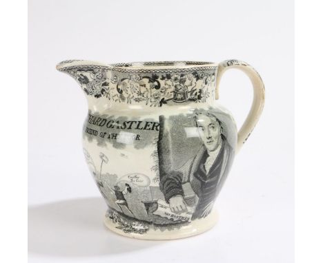 Mid 19th Century Staffordshire pottery commemorative jug, 'Richard Oastler, The Friend of the Poor', transfer printed in blac