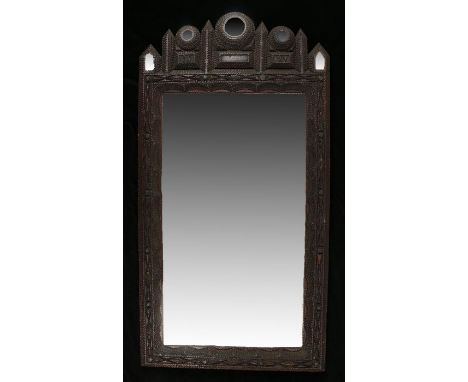 19th Century French Tramp Work mirror, of large proportions, with an architectural pediment above the date 1899 and initials 
