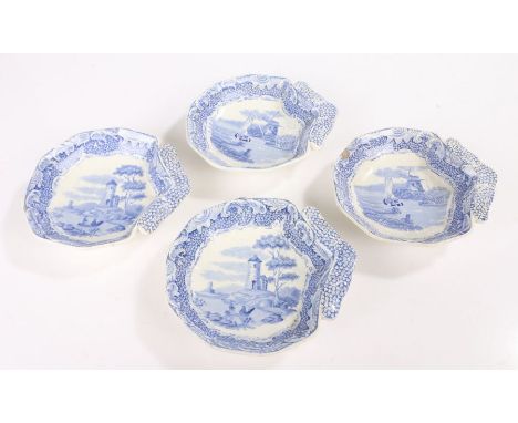 Set of four 19th Century Copeland Spode dishes, each with a blue and white transfer decorated in pairs with a windmill pair a