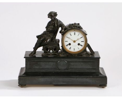 19th Century French bronze and black slate mantel clock, P.L. Hausburg, A Paris, with a reclining bronze figure leaning on th