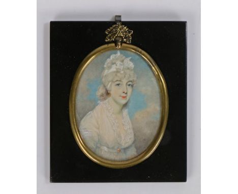 Attributed to George Place (1755-c.1805),&nbsp;18th Century portrait miniature, of a lady dressed in white, oval portrait hou