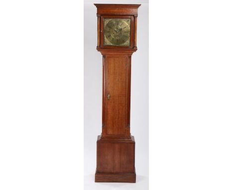 George III oak longcase clock by Joseph Smith, Holywell, the arched pediment above a glazed door flanked by columns above a l