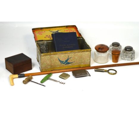 A small collector's lot to include a walking cane with white metal collar and bone handle, a 19th century fruitwood pot, two 