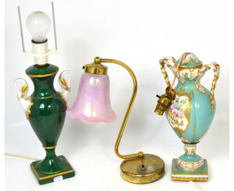 A turquoise ground and gilt heightened French porcelain table lamp, a similar green ground German urn shape table lamp and a 